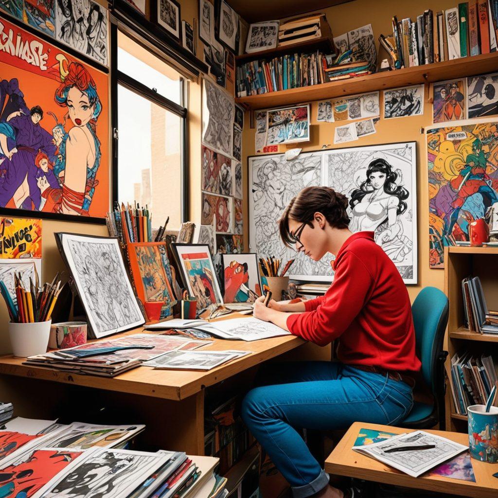 A vibrant digital collage depicting a comic book artist sketching a seductive character, surrounded by panels of adult comics intermingled with anime styles. The artist's workspace is filled with colorful inks and tools, exuding creativity and passion. In the background, iconic anime scenes subtly merge with the adult comic panels, illustrating their influence on culture. The overall mood is playful yet artistic, capturing the essence of both worlds. vibrant colors. digital art. comic style.